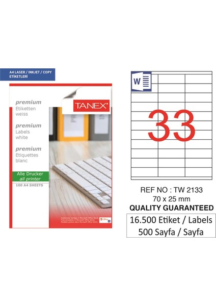 Lazer Etiket TW-2133 500 A4 Sayfa Laser Etiket 70 x 25 mm Boyutunda 1 A4 Sayfada 33 Etiket