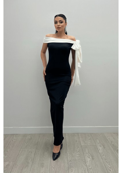 Scuba Kumas Şal Tasarımlı Kalem Elbise - Siyah