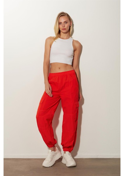 Kırmızı Yüksek Bel Kargo Pantolon fiyatları