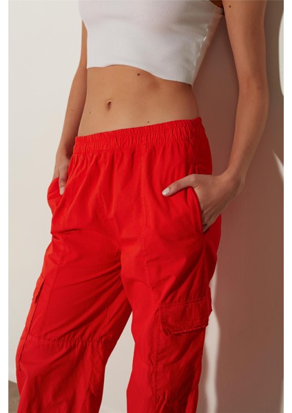 Kırmızı Yüksek Bel Kargo Pantolon modelleri