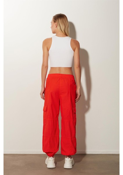 Kırmızı Yüksek Bel Kargo Pantolon fırsatları