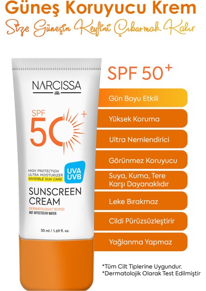 Yüksek Koruyucu, Leke Karşıtı Güneş Kremi 50 Spf+ Waterproof Uva + Uvb 50 ml