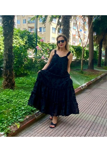 Askılı Maxi Boy Astarlı Tül Elbise Siyah