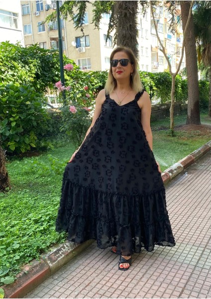 Askılı Maxi Boy Astarlı Tül Elbise Siyah