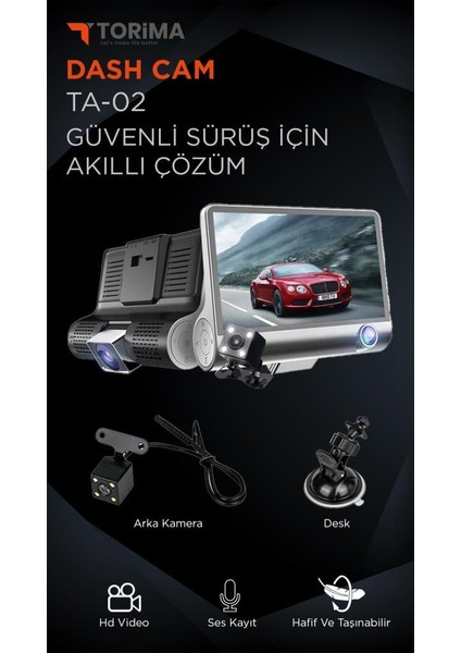 Ta-02 Siyah 1080P Araç Içi 3 Kameralı Gece Görüşlü , G-Sensör , Geri Görüş Kameralı Yol Kayıt Araç Kamerası