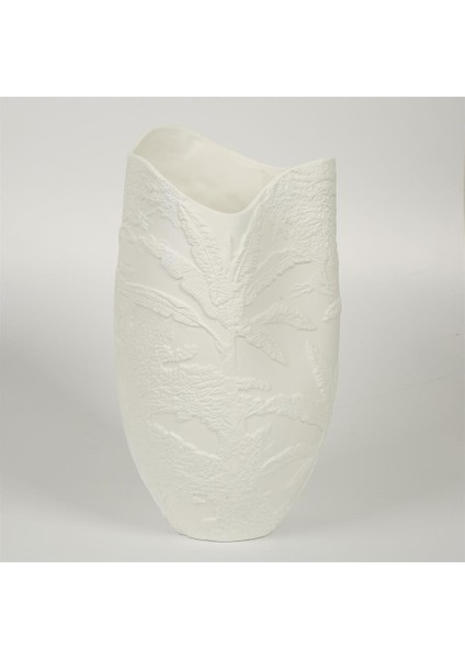 Beyaz Yaprak Dokulu Seramik Vazo 19*18*36 cm AK.JM00001