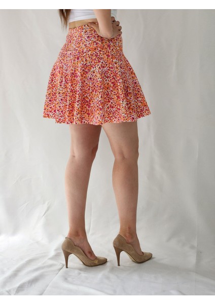 Kadın Turuncu Çiçek Desenli Korsaj Kemer Şortlu Çan Etek fırsatları
