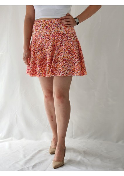 Kadın Turuncu Çiçek Desenli Korsaj Kemer Şortlu Çan Etek indirimleri