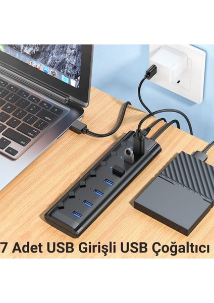 7in1 USB Çoğaltıcı Hub LED Işıklı Kontrol Düğmeli 1.2metre 7xusb Çoğaltıcı Hub