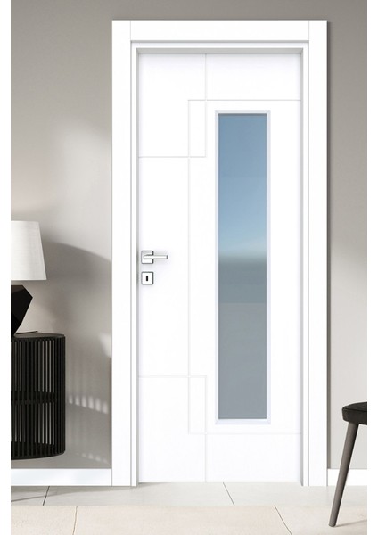 Melamin Karizma Yedi Camlı Oda Kapısı, Beyaz, 86/204/9-13 cm