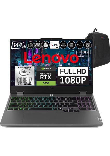 Loq 15IRX9 Intel Core I7 13650HX Ddr5 32GB 1tb SSD Rtx 3050 6gb 300NITS 15.6" 144Hz Fhd Windows 11 Pro Taşınabilir Bilgisayar 83DV00G5TRP06 + Zetta Çanta