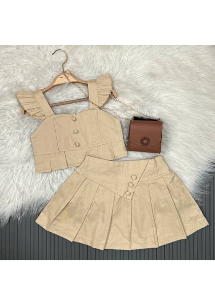 Pileli Etekli Renkli Çantalı Takım - Bej