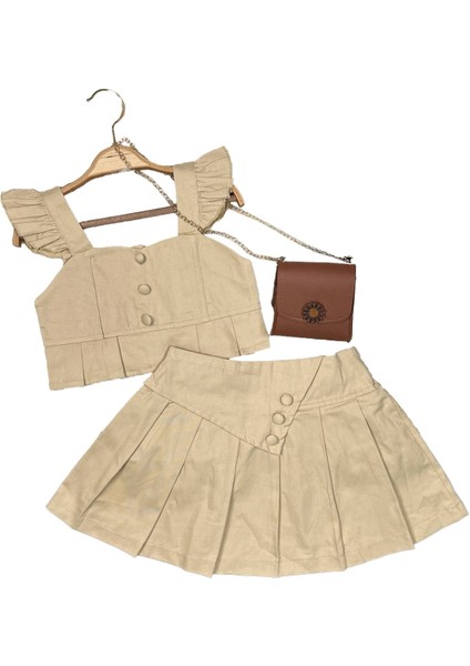 Pileli Etekli Renkli Çantalı Takım - Bej fiyatları