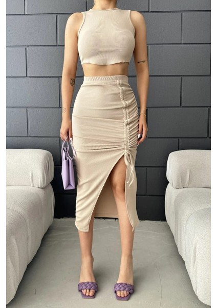 Yırtmaç Detaylı Büzgülü Etek ve Crop Kadın Ikili Takım DFL4001