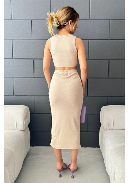 Yırtmaç Detaylı Büzgülü Etek ve Crop Kadın Ikili Takım DFL4001 fiyatları