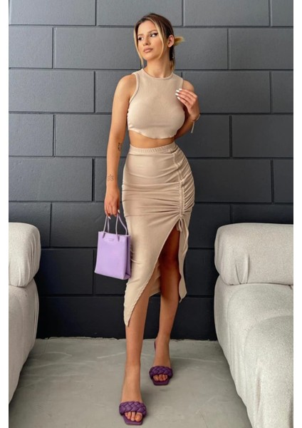 Yırtmaç Detaylı Büzgülü Etek ve Crop Kadın Ikili Takım DFL4001 modelleri