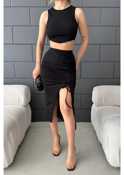 Yırtmaç Detaylı Büzgülü Etek ve Crop Kadın Ikili Takım DFL4001 fiyatları