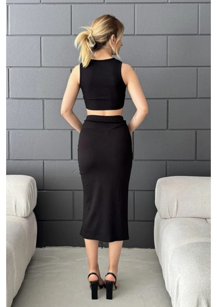 Yırtmaç Detaylı Büzgülü Etek ve Crop Kadın Ikili Takım DFL4001 modelleri