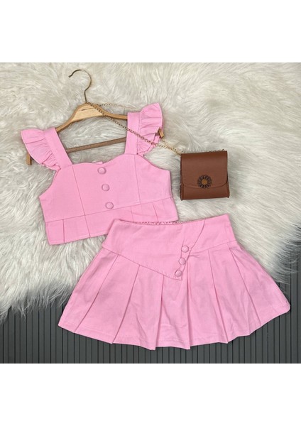 Pileli Etekli Renkli Çantalı Takım - Pembe