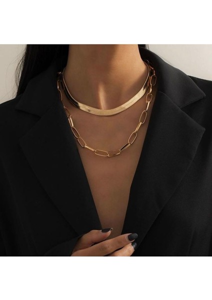 18K Altın Kaplama Oval Ataç Zincir Kolye (50CM)