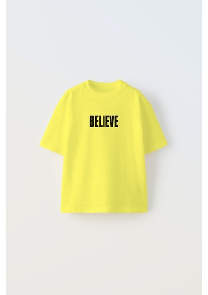 Believe Yazılı Futbol Tasarım Baskılı Sarı Çocuk T-Shirt