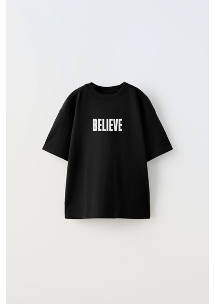 Believe Yazılı Futbol Tasarım Baskılı Siyah Çocuk T-Shirt