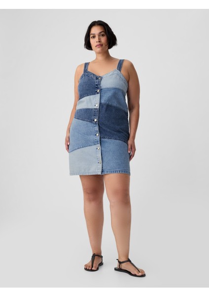 Kadın Mavi Patchwork Denim Mini Elbise