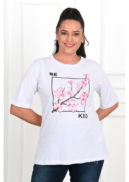 Kadın Büyük Beden Çiçek Baskılı T-Shirt 1572-23