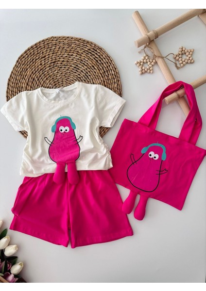 Çantalı Büzgülü 3 Lü Kız Çocuk Takım - Fuşya