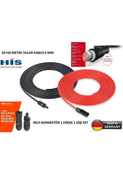 Sunco Solar His Marka 50+50 100 Metre 6 mm Staubli Konnektörlü Solar Kablo Seti