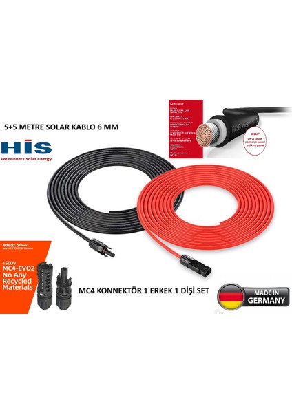 Sunco Solar His Marka 5+5 10 Metre 6 mm Staubli Konnektörlü Solar Kablo Seti