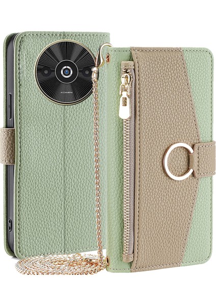 Xiaomi Poco C61 4g Crossbody Kordon Kılıfı Deri Cüzdan Telefon Kapağı Makyaj Aynası-Yeşil (Yurt Dışından)