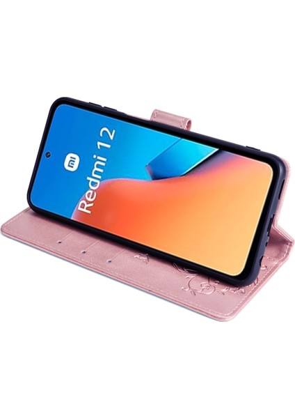 Xiaomi Redmi 12 4g Deri Kılıf Için Çiçek Kart Yuvaları Bilek Kayışı ile Telefon Kapağı-Gül Altın (Yurt Dışından) modelleri
