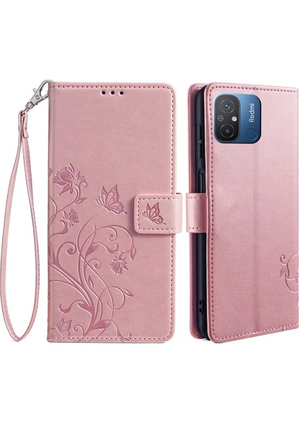 Xiaomi Redmi Için 12C 4g Kılıf Folio Flip Çiçek Pu Deri Telefon Kapağı-Gül Altın (Yurt Dışından)