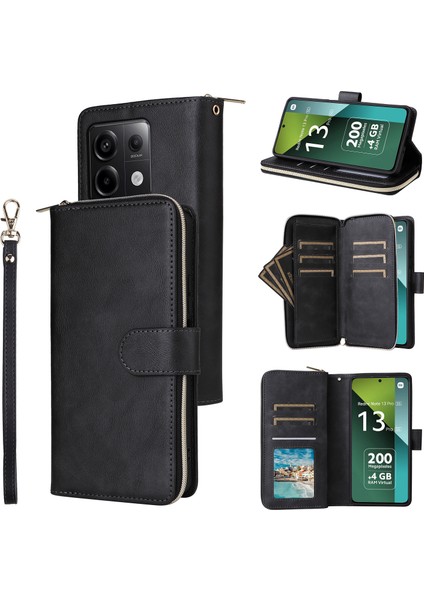 Xiaomi Redmi Note 13 Pro 5g Kılıf Fermuarlı Cep Deri Standlı Telefon Kapağı-Siyah (Yurt Dışından)