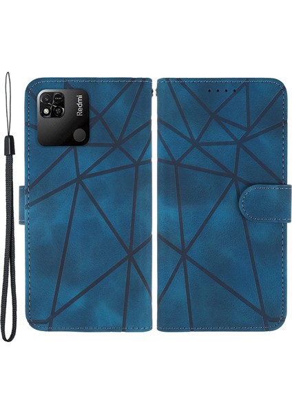 Xiaomi Redmi 9c Kılıf Cüzdan Çizgi Desenli Cilt Dostu Deri Kılıf-Mavi (Yurt Dışından)