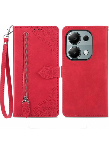 Xiaomi Redmi Note 13 Pro 4g Kılıf Fermuarlı Çiçek Deri Kapak-Kırmızı (Yurt Dışından)