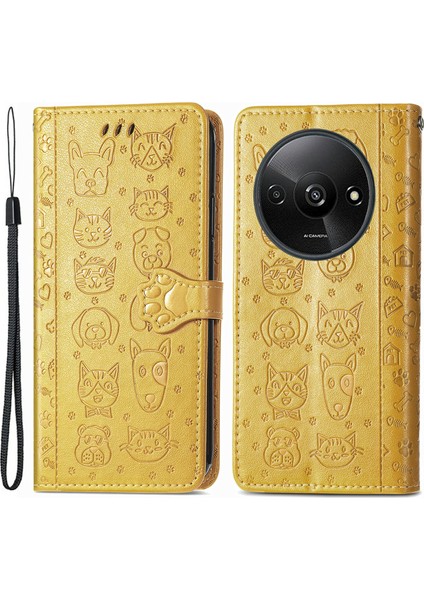 Xiaomi Redmi Için A3 Kılıf Sevimli Kedi Köpek Baskılı Pu Deri Flip Telefon Kapağı-Sarı (Yurt Dışından)