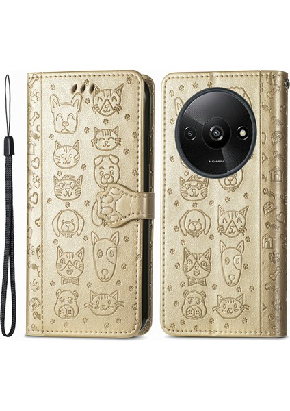 Xiaomi Redmi Için A3 Kılıf Sevimli Kedi Köpek Baskılı Pu Deri Flip Telefon Kapağı-Altın (Yurt Dışından)