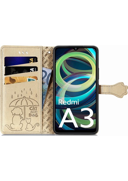 Xiaomi Redmi Için A3 Kılıf Sevimli Kedi Köpek Baskılı Pu Deri Flip Telefon Kapağı-Altın (Yurt Dışından) fiyatları