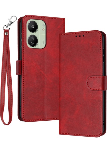 Xiaomi Redmi 13C 4g/5g Kılıf Tpu+Pu Deri Standlı Telefon Kılıfı, Bilek Kayışı-Kırmızı (Yurt Dışından)