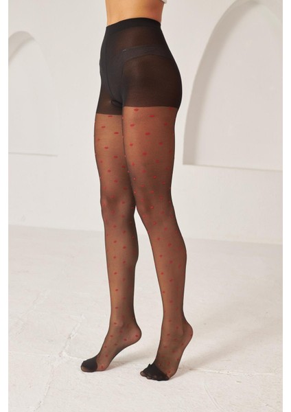 Kadın Kırmızı Puantiyeli İnce Külotlu Çorap SİYAH