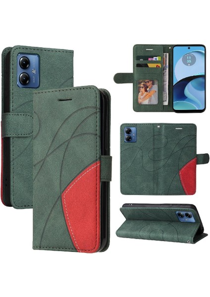 Motorola G14 4g Iki Renkli Dikiş Pu Deri Flip Folio Kılıf (Yurt Dışından)