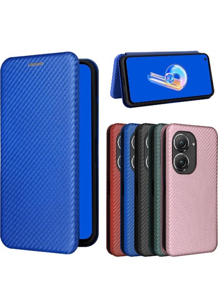 Mays Home1 Asus Zenfone 9 Için Kılıf Deri Folio Flip Case Manyetik Karbon Fiber (Yurt Dışından)