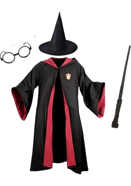 Harry Potter Gryffindor Kapişonlu Cübbe Çocuk Boy Şapka Asa Gözlük 4 Parça Set - 9-10 Yaş
