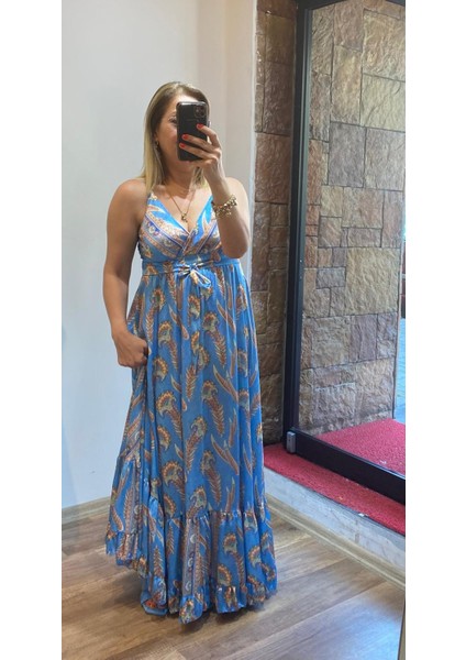 Ince Askılı Kuşaklı Maxi Boy Saten Elbise Mavi