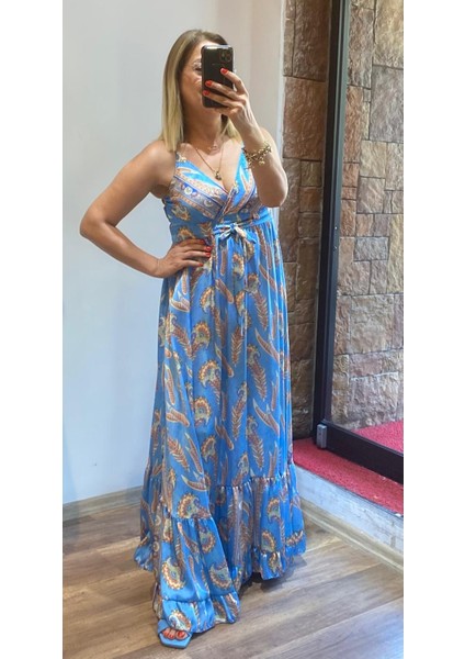 Ince Askılı Kuşaklı Maxi Boy Saten Elbise Mavi fiyatları