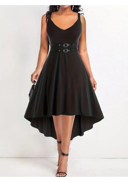 Kadın Bel Kemer Detaylı Arkası Uzun Ithal Krep Askılı Elbise