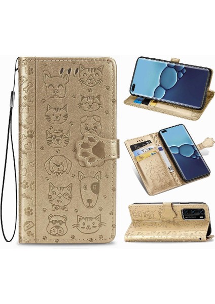 Huawei P40 Flip Kapak Için Kılıf Darbeye Deri Kılıf Karikatür Hayvanlar (Yurt Dışından)
