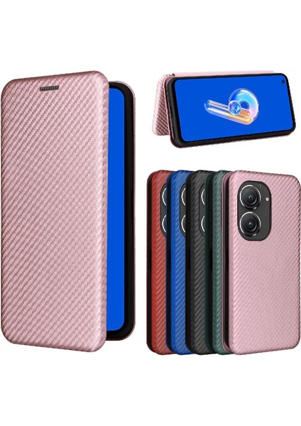 Mays Home1 Asus Zenfone 9 Için Kılıf Deri Folio Flip Case Manyetik Karbon Fiber (Yurt Dışından)